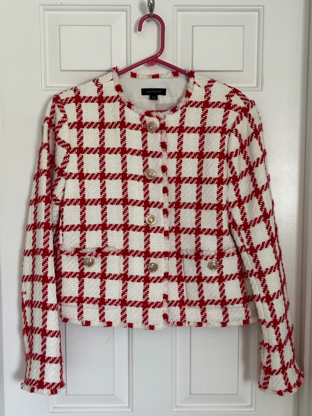 Ann Taylor Red and White Plaid Tweed Jacket with Decorative Buttons